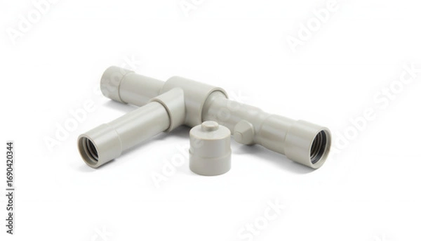 Obraz Gray plastic plumbing connector with three outlets on white background  