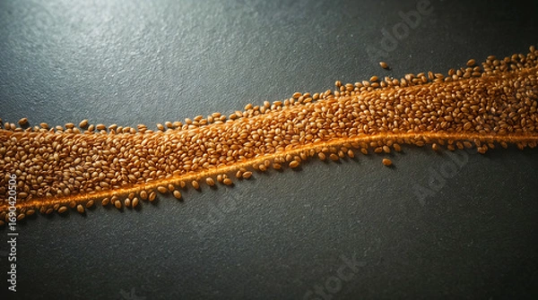 Fototapeta A diagonal line of wheat grains flows across a textured, dark grey surface, catching the light and casting a subtle shadow.