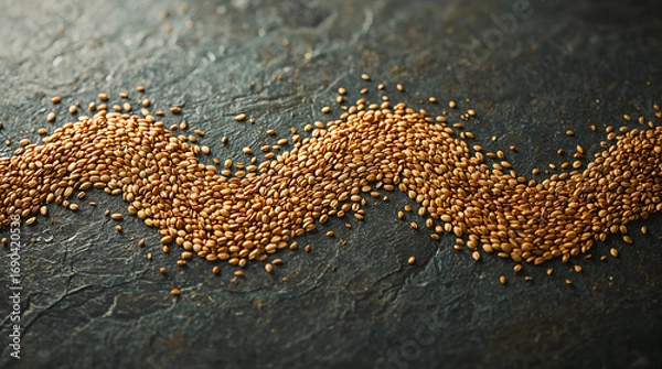 Fototapeta A wavy line of golden-brown grains is spread across a textured dark grey surface. The grains are small and oval-shaped, with a light sheen.