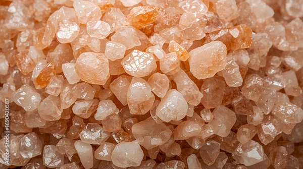 Fototapeta Close-up view of rough-cut pink Himalayan salt crystals, showcasing their translucent, irregular shapes and warm, peachy hues in a tightly packed arrangement.