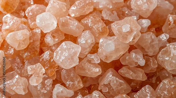 Fototapeta A macro shot of coarse pink Himalayan salt crystals, revealing their translucent, irregular shapes and beautiful mineral hues. A natural and healthy ingredient.