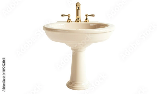 Fototapeta Cream-colored pedestal sink with a round basin and gold-tone dual-handle faucet.