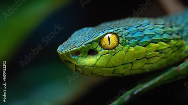 Fototapeta A vibrant close-up captures the intense gaze of a green pit viper, showcasing its intricate scale patterns and striking yellow eyes amidst lush foliage.