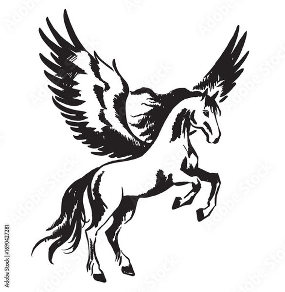 Fototapeta Monochrome pegasus sketch vector illustration. Winged horse side view black and white design. Pegasus horse with feather wings