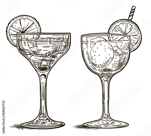 Fototapeta Сocktail or mocktail, hand drawn retro illustration. A drink in a glass with a high stem. Alcoholic or non-alcoholic cocktail. For bar menu design, vintage sketch on white background