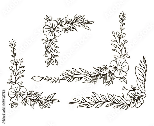 Fototapeta Floral corners set. Hand drawn botanical decoration with flowers, branch and herbs. Vintage corner frame design element