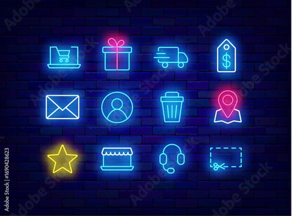 Fototapeta E-commerce neon icons collection. Account profile. Mobile app buttons. Present, support and mail. Vector stock illustration