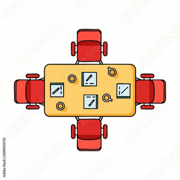 Obraz A modern top-down illustration of a meeting table with four red chairs, neatly arranged for a productive business discussion or collaborative session.