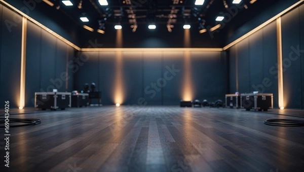 Obraz Empty auditorium stage awaiting performance with lighting equipment and cases