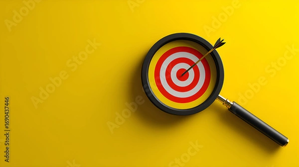 Fototapeta Magnifying glass focusing on target with arrow hitting bullseye on yellow background