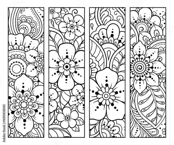Fototapeta Printable bookmark for book - coloring. Set of black and white labels with flower patterns, hand draw in mehndi style. Sketch of ornaments for creativity of children and adults with colored pencils.
