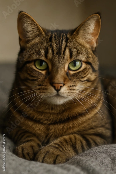 Fototapeta Behold the Majestic Tabby Cat with Striking Green Eyes. This Beautiful Feline is Captured in A Serene Pose, Showcasing its Distinctive Striped Coat And Elegant Whiskers. 