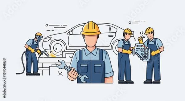 Obraz Vector Set of Workers in a Workshop Flat Illustration of Industrial Labor, Factory Teamwork, and Craftsmanship Icons