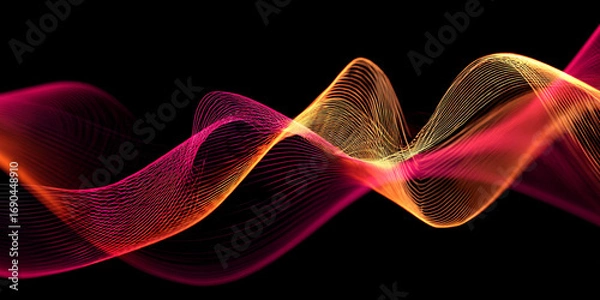 Fototapeta Abstract flowing waves of pink orange and yellow light against a black background.