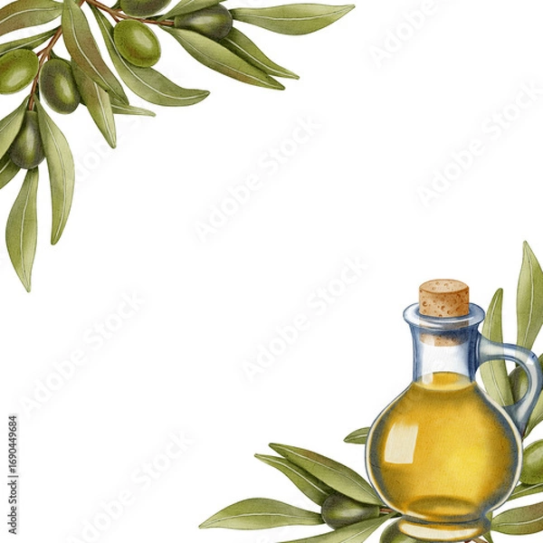 Obraz Hand drawn watercolor frame with green olives and olive leaves. Olive branches, leaves and fruits. Round wreath of olive branches. For menu, packaging design, wedding.