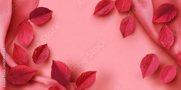 Fototapeta Scattered red leaves on a draped pink fabric surface.