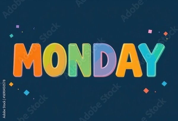 Fototapeta Colorful MONDAY text against a dark blue background with confettilike decorations