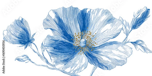Fototapeta Blue flower sketch with delicate petals and a golden center on a white background.