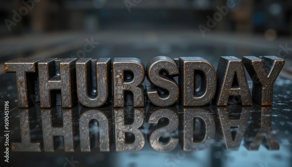 Fototapeta Metal block letters spelling THURSDAY with a reflection underneath