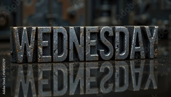 Fototapeta Metal letters spelling out the word WEDNESDAY with a reflection