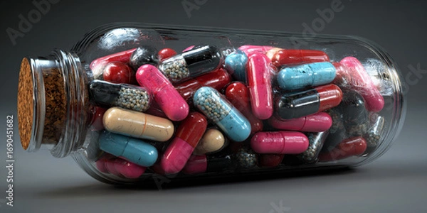 Fototapeta A clear glass bottle filled with various colorful pills and capsules.