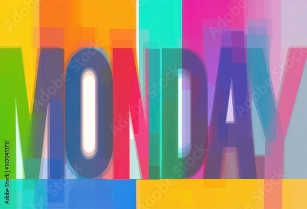 Fototapeta Overlapping letters spelling Monday in various colors against a multicolored background