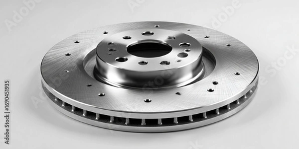 Fototapeta A shiny metallic automotive brake disc with circular holes and ventilation slots against a plain background.