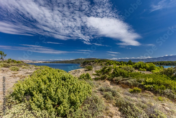Fototapeta Azure water in the Adriatic Sea, rocky coast of the island of Rab, cloudy, threatening sky, Strucic beach