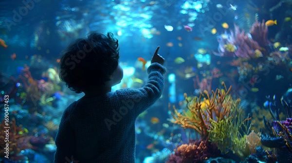 Fototapeta Curious child pointing at fish in large aquarium tank