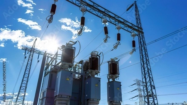 Fototapeta Three-phase high-voltage transformer with a robust metallic gray body and large cooling fins, standing at a substation to regulate high electrical power, surrounded by power cables and utility poles