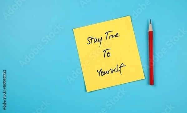 Fototapeta Red pencil wrote on yellow  note - STAY TRUE TO YOURSELF - self awareness or knowing your own values, beliefs, preferences and be who you actually are