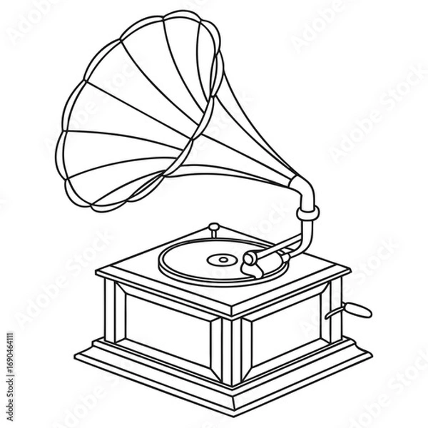 Fototapeta An early device for playing recorded sound, featuring a horn amplifier and a turntable for vinyl records.