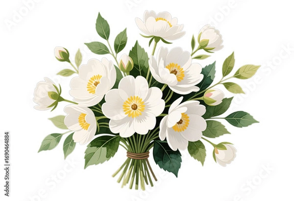 Fototapeta White Camellia Bouquet with Green Leaves on Transparent Background, Digital Illustration for Web Design