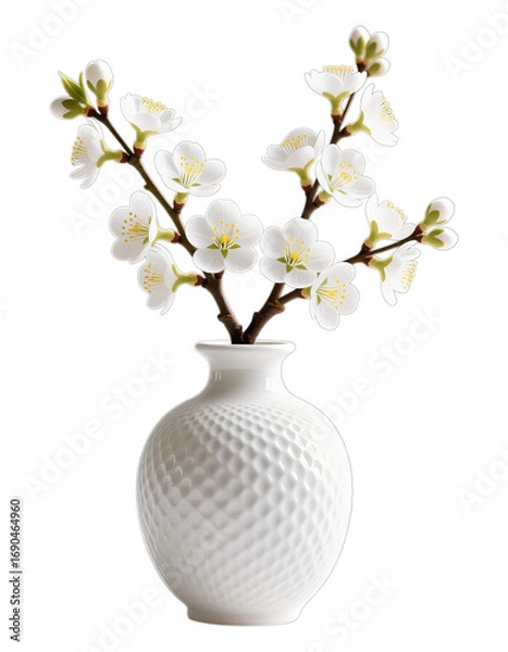 Fototapeta White Cherry Blossom Branch in Bloom, Textured Vase with Transparent Background, 3D Realism Asset
