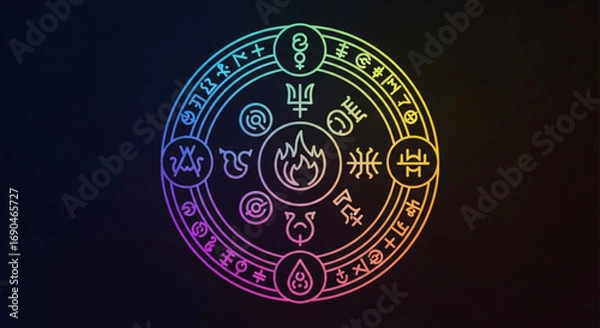 Obraz Colorful esoteric circle with alchemical symbols and elements for magic and occult practices design vector