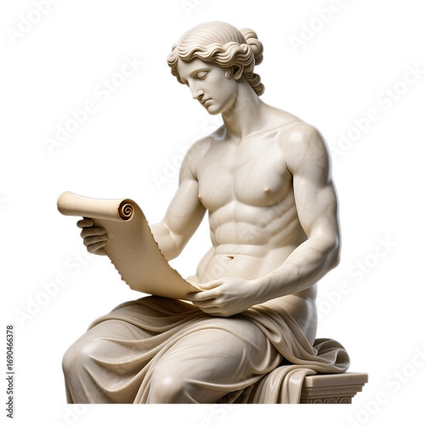 Fototapeta White Marble Statue Reading Scroll, 3D Realism Illustration with Transparent Background