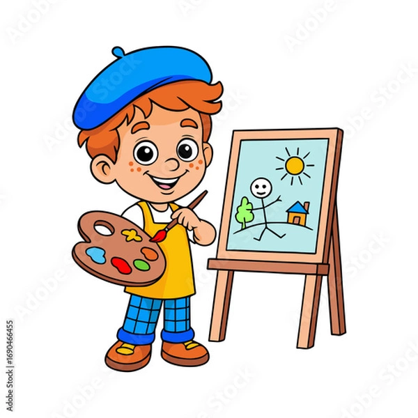 Obraz Smiling cartoon boy in beret painting on easel with palette, brush, and simple artwork
