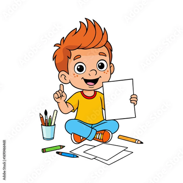 Obraz Happy cartoon boy sitting on floor holding blank paper with pencils and brushes around him