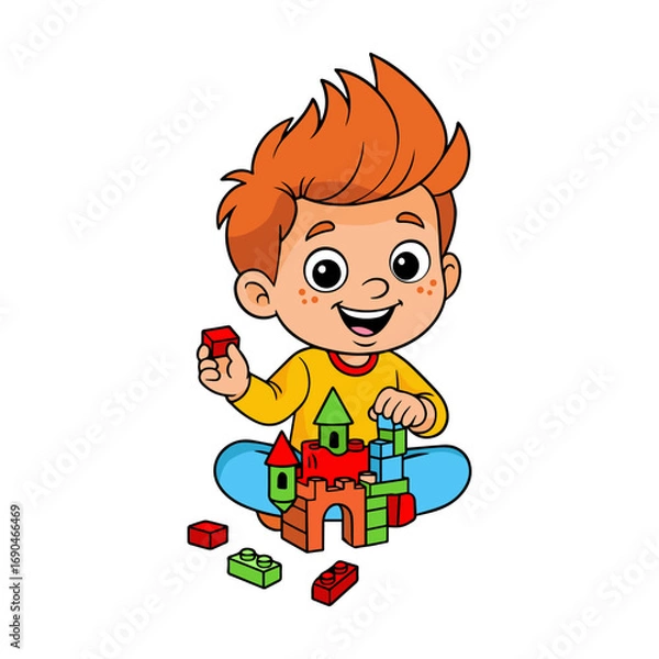 Obraz Smiling cartoon boy sitting on floor building castle with colorful toy blocks, fun playtime