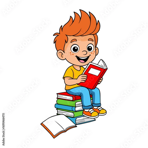 Obraz Smiling cartoon boy reading book while sitting on stack of books, education and learning theme