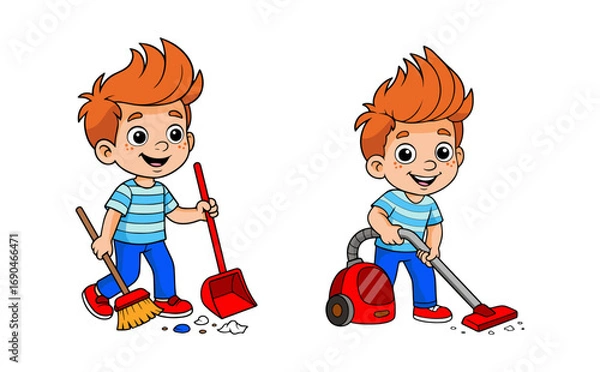 Obraz Smiling cartoon boy sweeping floor with broom and vacuum cleaner, learning to help at home