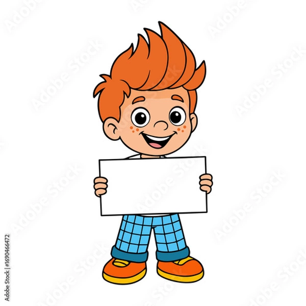 Obraz Happy cartoon boy holding blank sign board for text or message, cheerful child character isolated