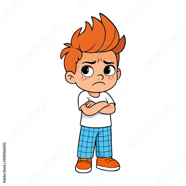 Obraz Cartoon boy standing with arms crossed and upset face, angry child character illustration isolated