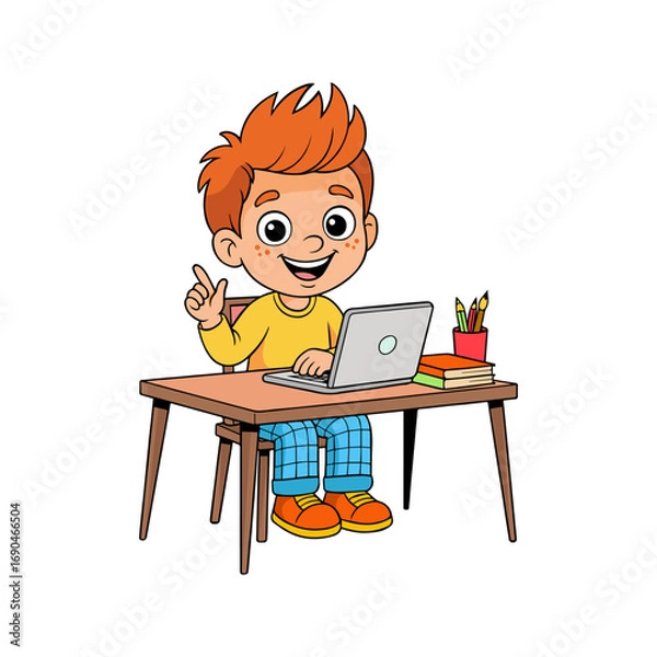 Obraz Smiling cartoon boy sitting at desk with laptop and books, child character studying technology