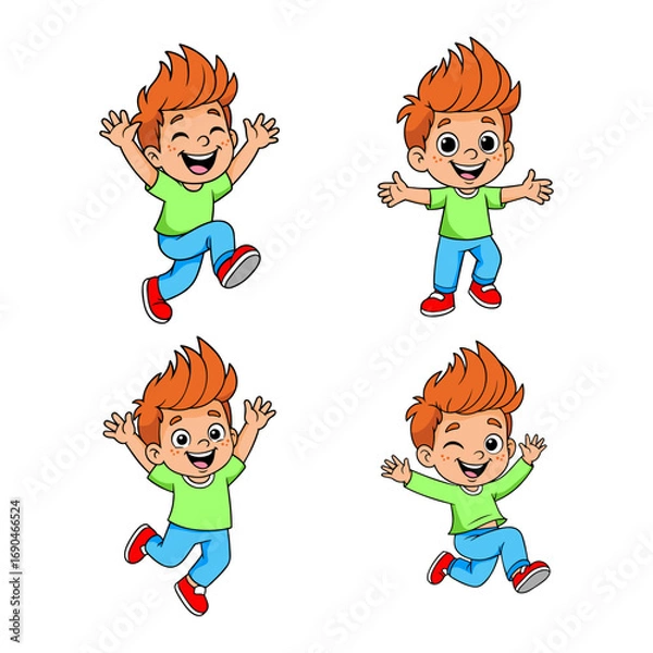 Obraz Cartoon happy boy set jumping and smiling, cheerful child character in different poses