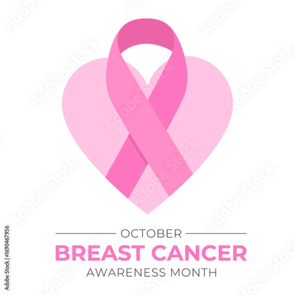 Fototapeta October is Breast Cancer Awareness Month with a pink ribbon. A banner with a heart and a pink ribbon on a white background. Vector illustration