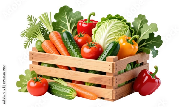 Fototapeta Wooden Vegetable Crate with Fresh Produce, Transparent Background, 3D Realism Graphic