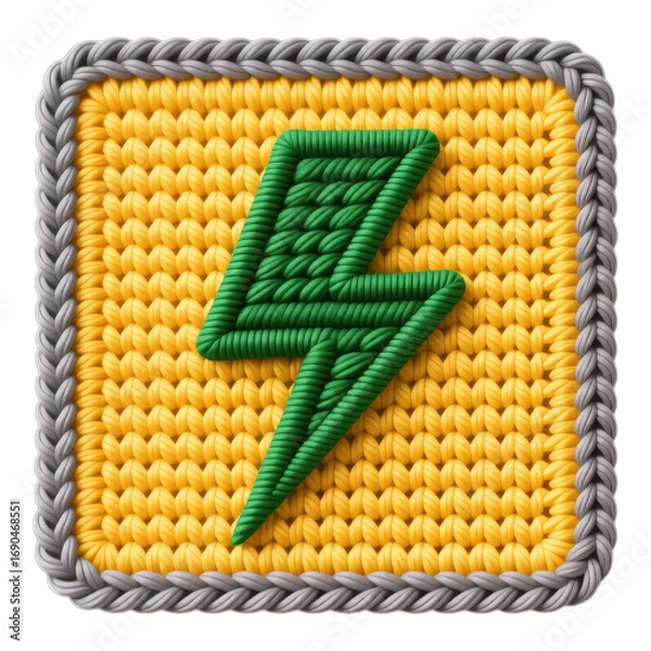 Fototapeta Yellow Crochet Square with Green Bolt Icon, Transparent Background, 3D Realism Asset