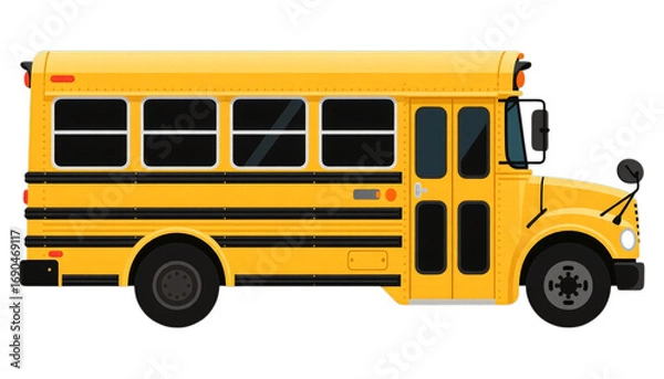 Fototapeta Yellow School Bus Side View with Black Stripes, Transparent Background, 3D Realism Graphic
