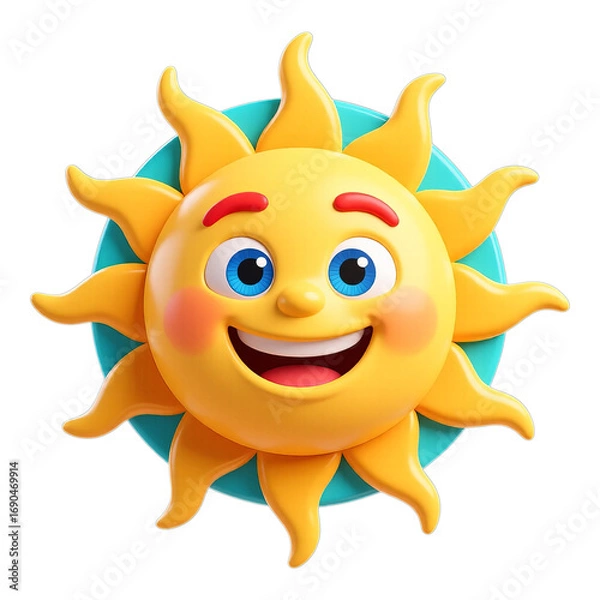 Fototapeta Yellow Smiling Sun with Red Eyebrows, 3D Realism Illustration with Transparent Background